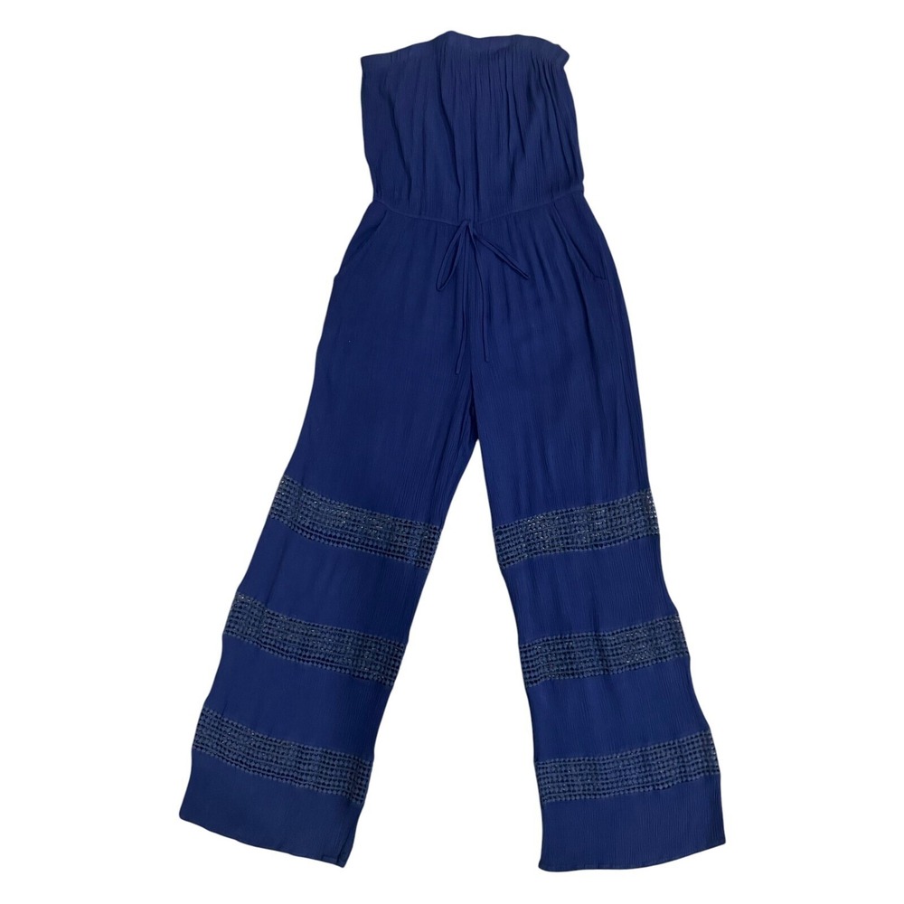 Strapless Women's Jumpsuit Wide Leg Gauze Crochet Trim Stretch Blue SZ M
